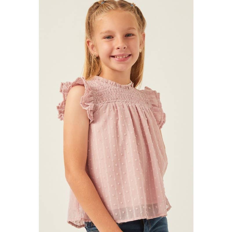 Girls Ruffled Sleeve Smocked Swiss Dot Tank