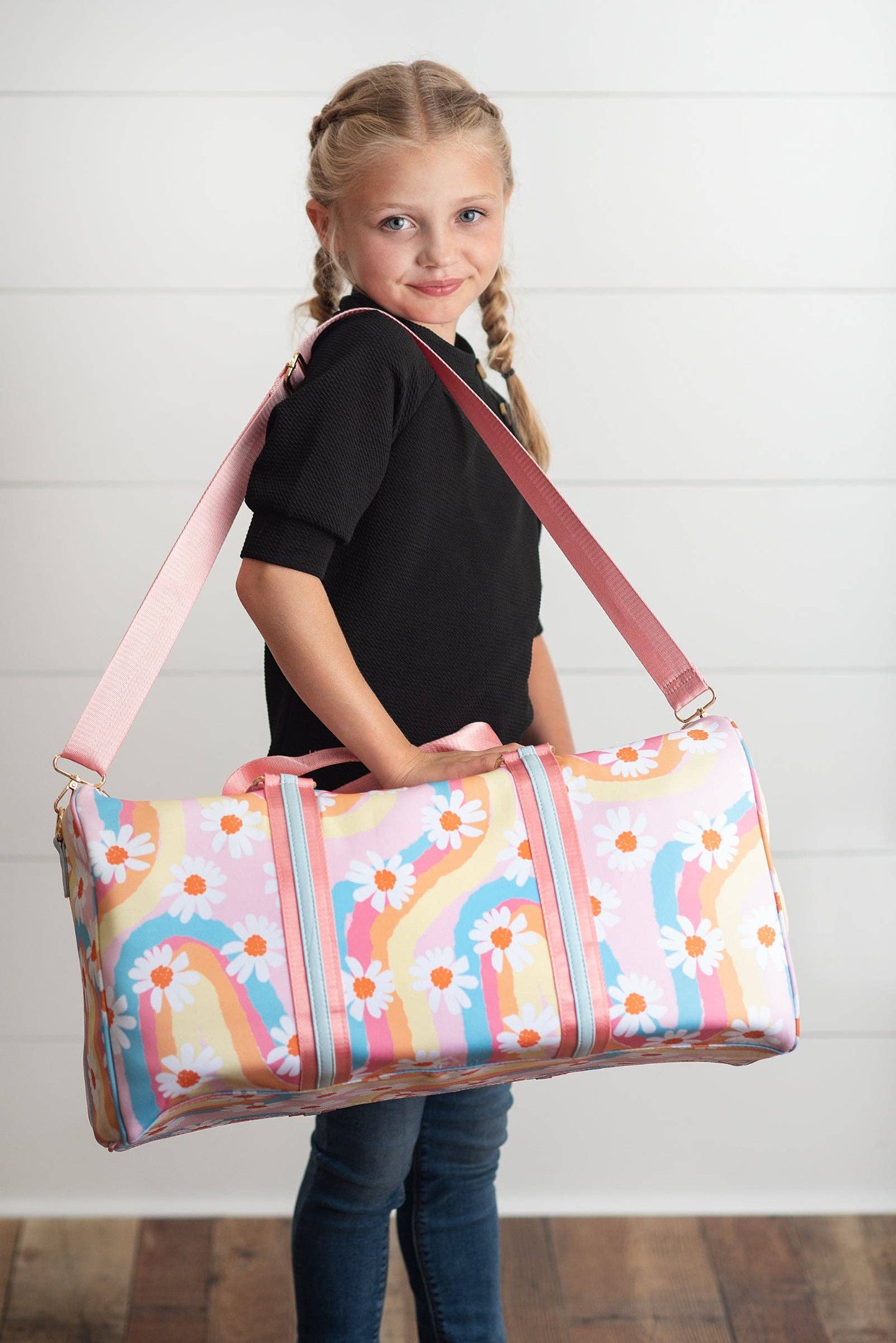 Kids Pink Rainbow Retro Daisy Weekender Dance Travel Bag