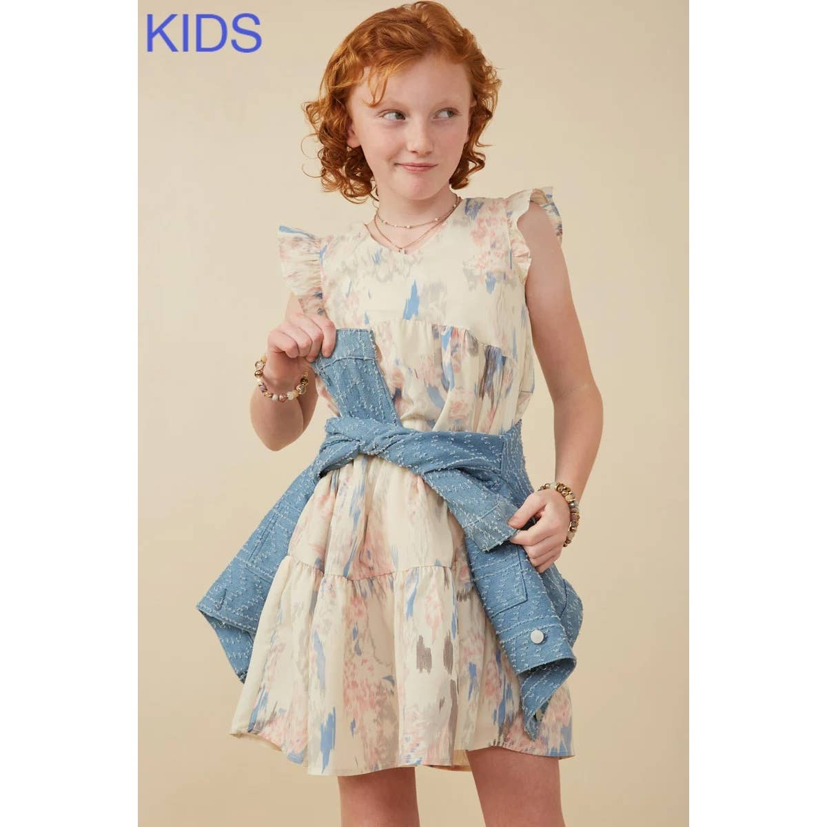 Girls Watercolor V Neck Tiered Ruffled Dress