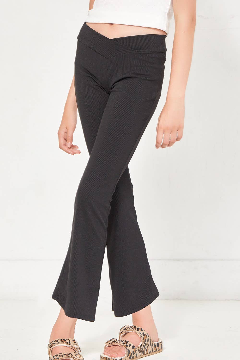 Crossover Waist Ribbed Flare Pants