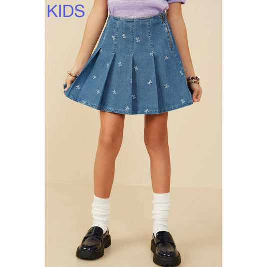 Girls Bow Printed Pleated Denim Skirt