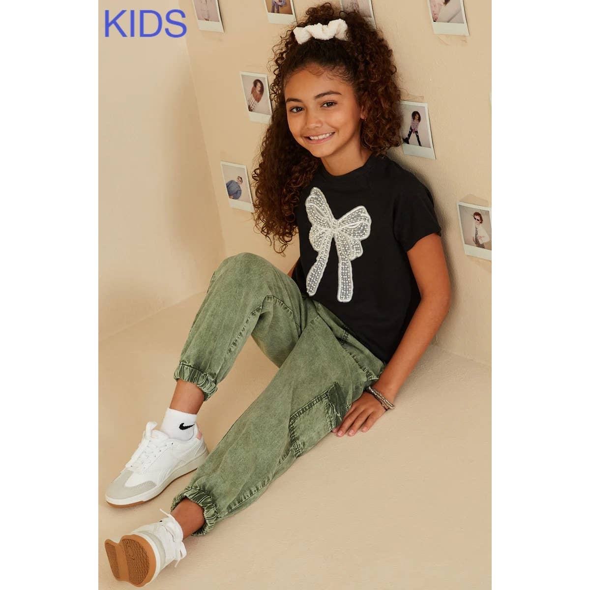 Girls Pearl Ribbon Patch Knit T Shirt