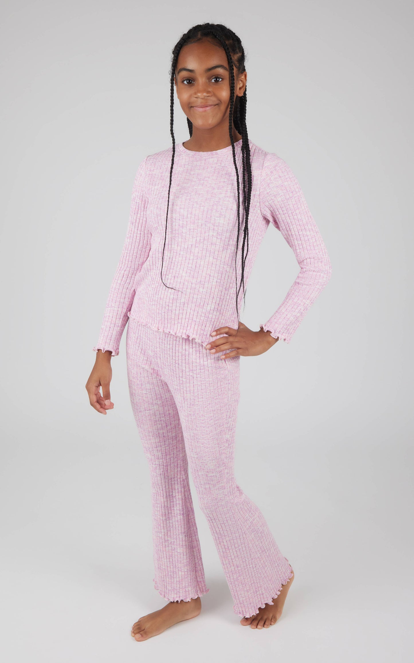 Girls Rib Knit Lettuce Edge Top and Flare Pant - Set