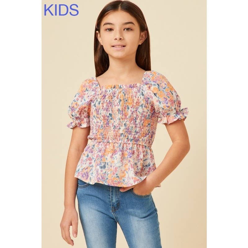 Girls Floral Puff Sleeve Smocked Top