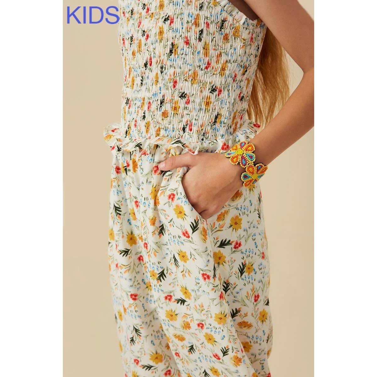 Girls Ditsy Floral Smocked Ruffle Detail Jumpsuit