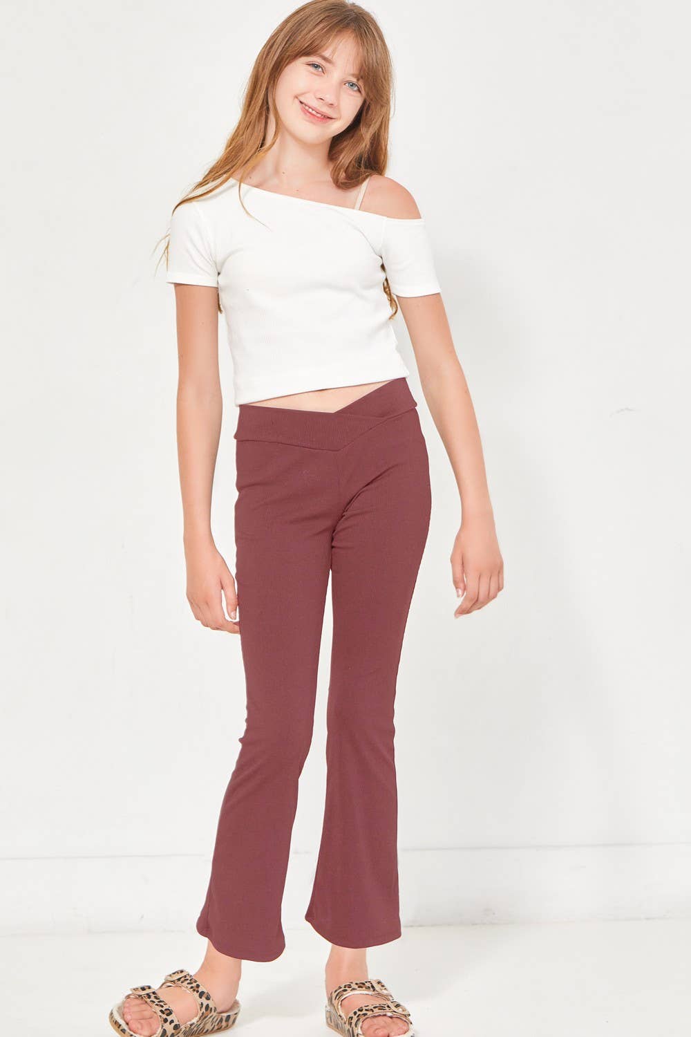 Crossover Waist Ribbed Flare Pants