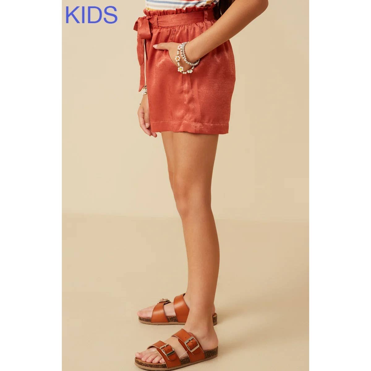 Girls Textured Satin Belted Shorts