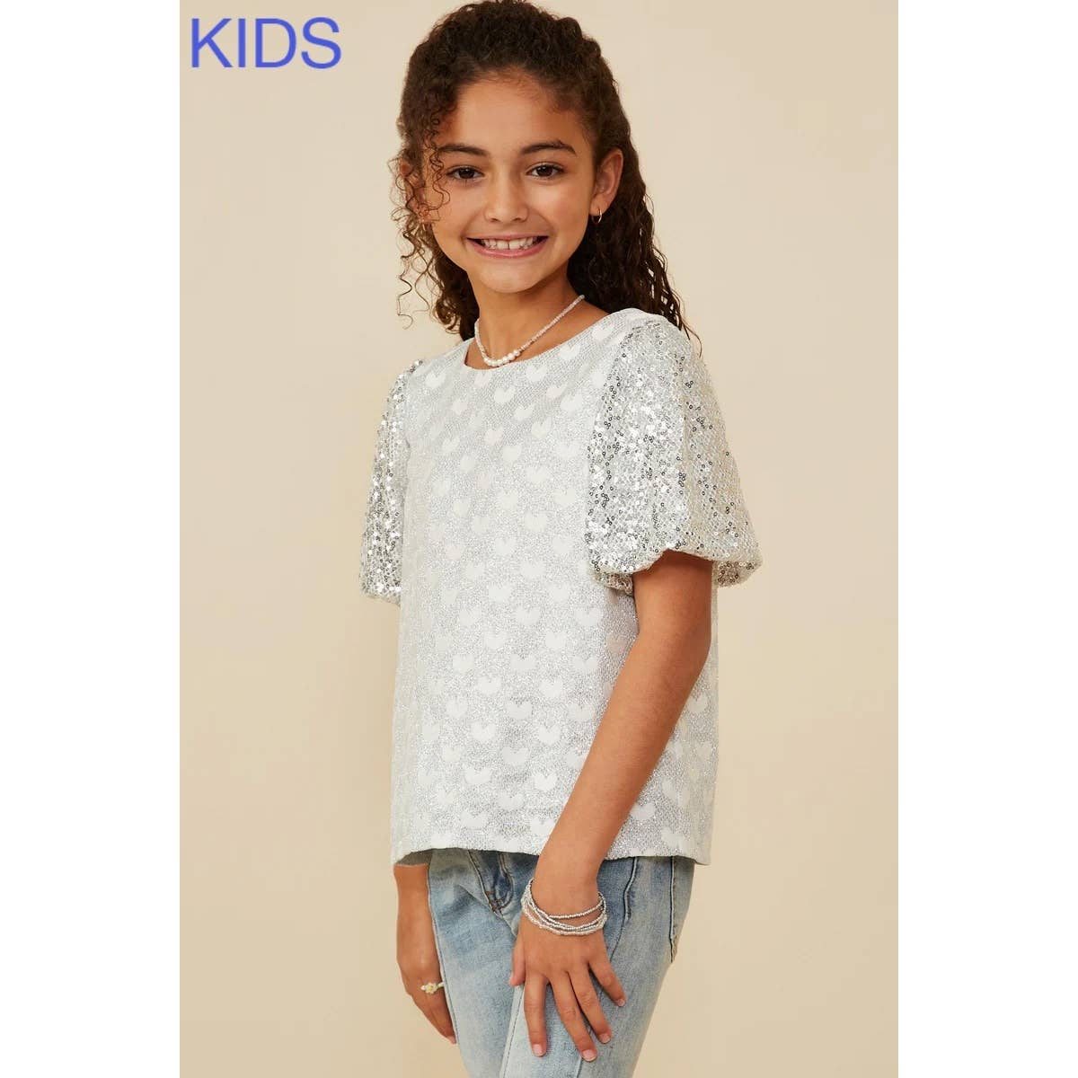 Girls Mixed Sequin Heart Top