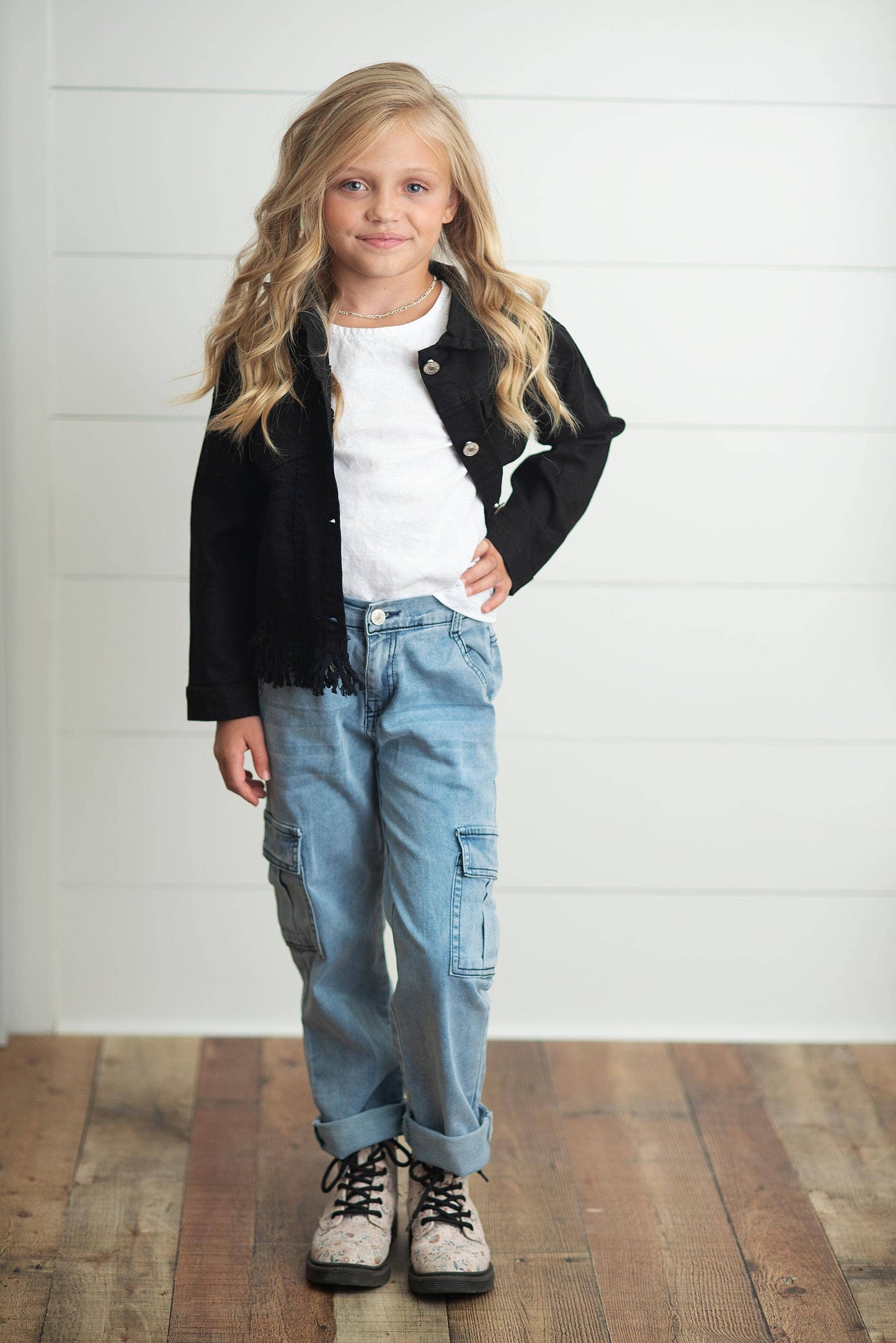 Kids Black Denim Fringe Fall Winter Button Jacket