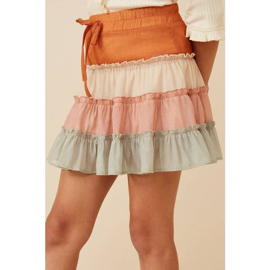 Girls Drawstring Color Blocked Textured Tier Skirt