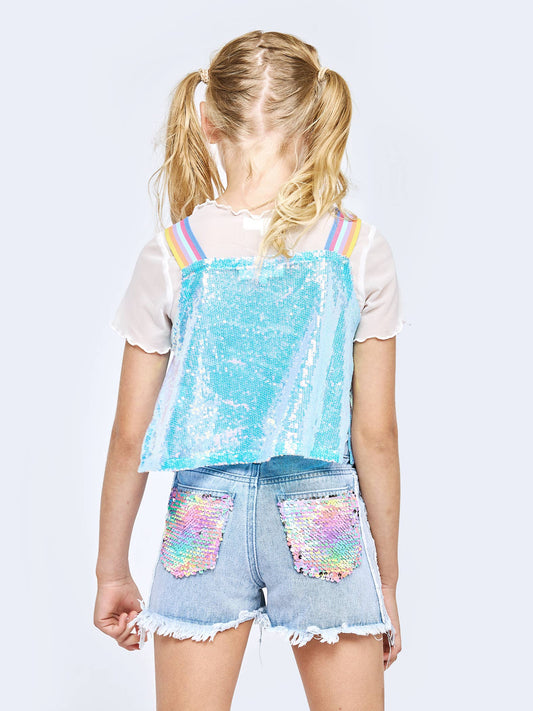 DENIM SHORTS W/ SEQUIN DISTRESS