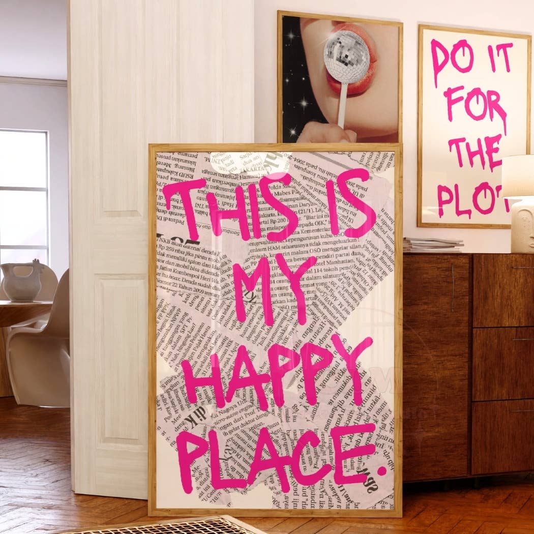 This Is My Happy Place Pink Retro Newspaper Wall Art Prints