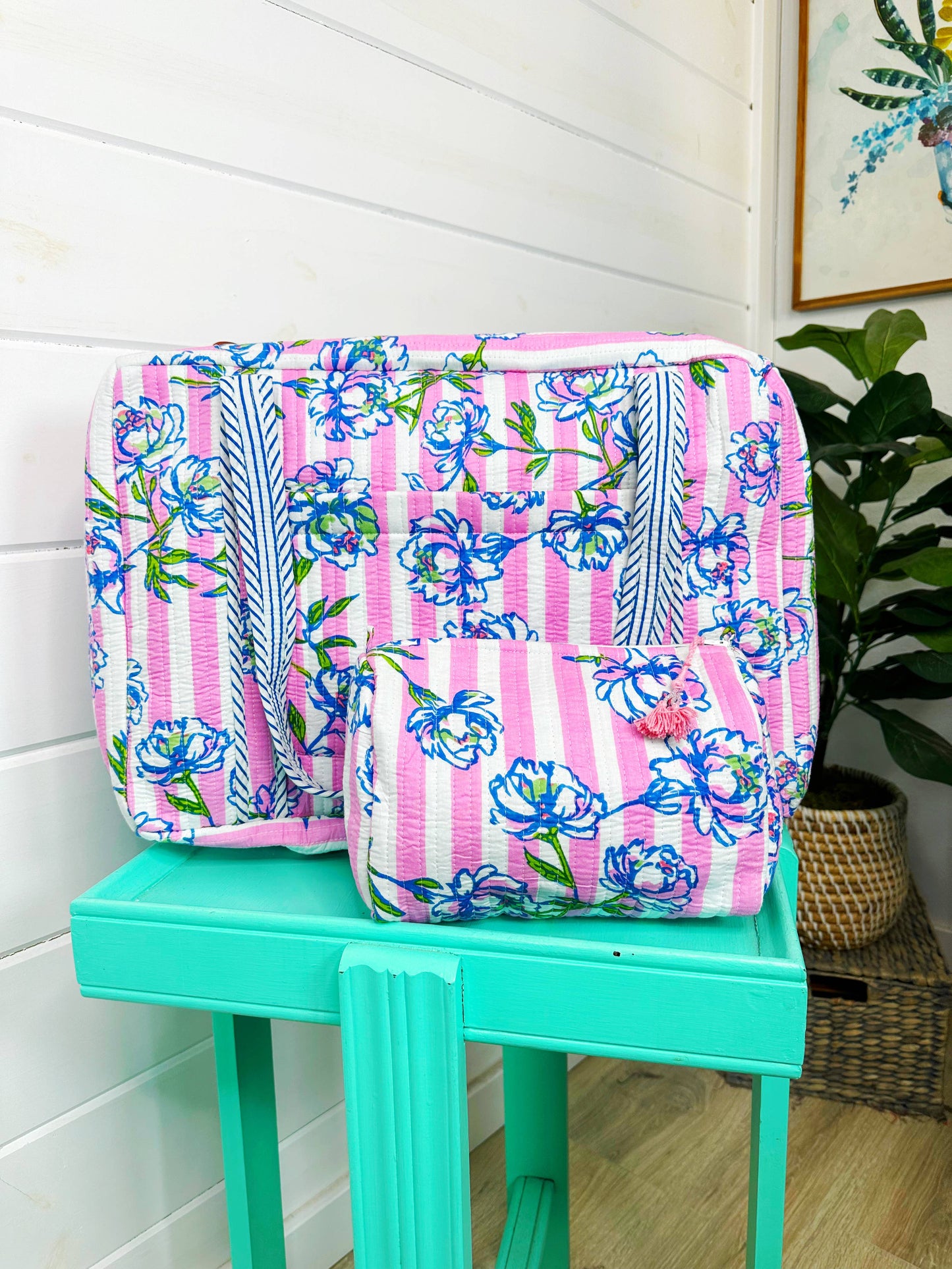 Handmade Quilted Bag - Peony Pink Stripe