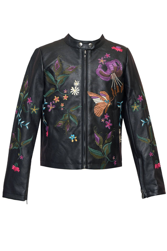 Faux Leadther Moto Jacket W/Embroidery Detail