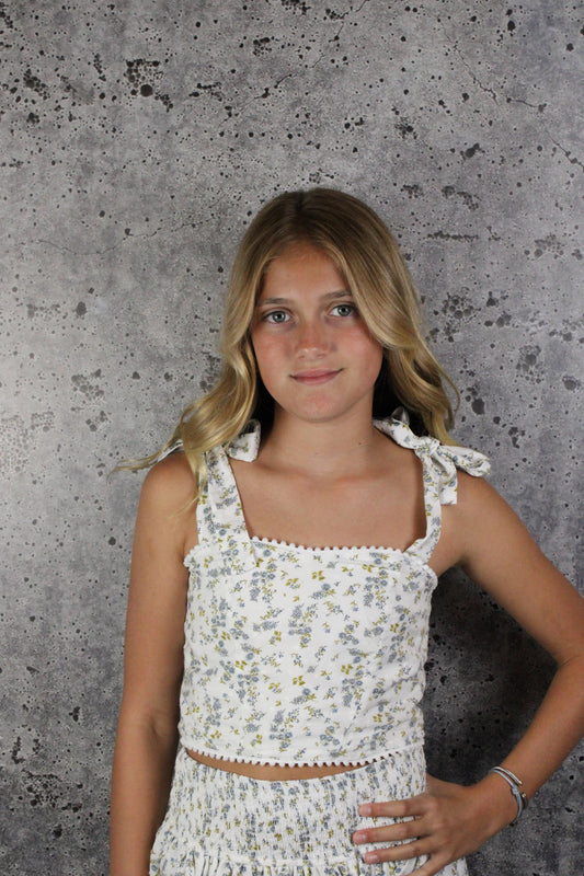Blue Floral Pom Pom Top