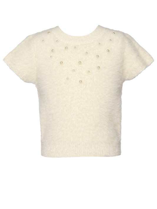 S/S FUZZY SWEATER WITH PEARLS