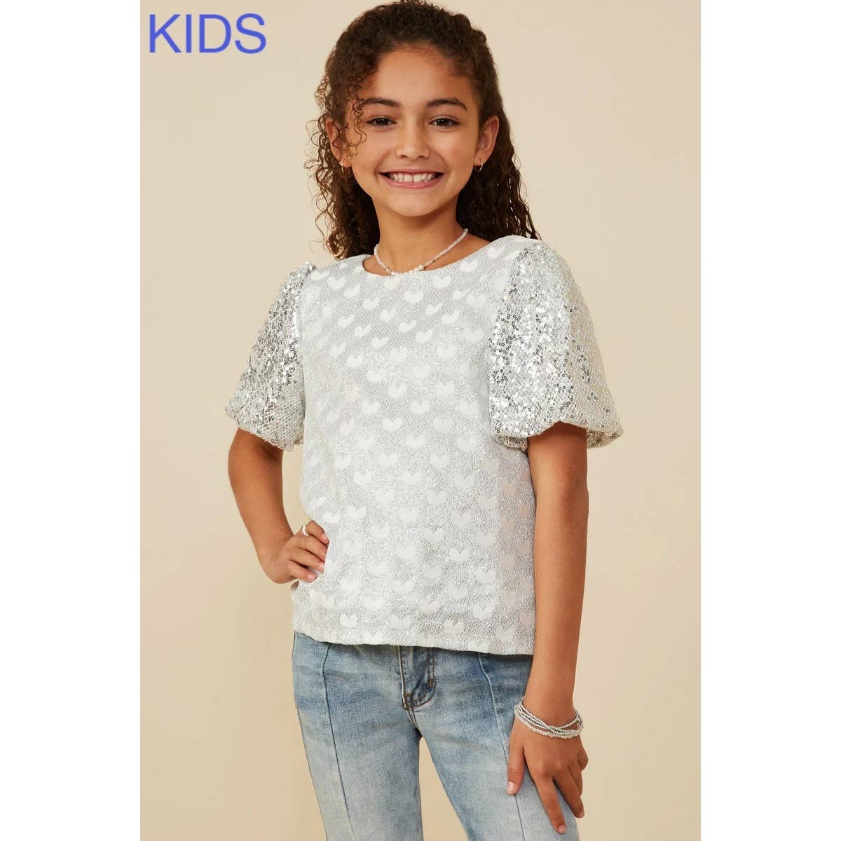 Girls Mixed Sequin Heart Top