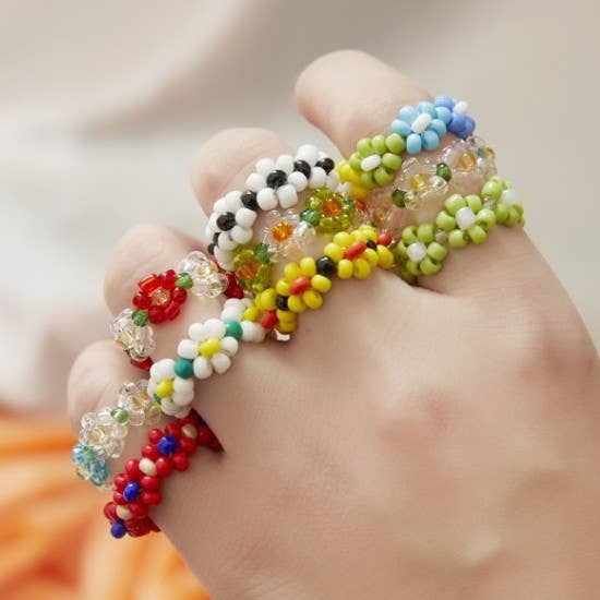 HANDMADE BEADED FLOWER STRETCH RINGS