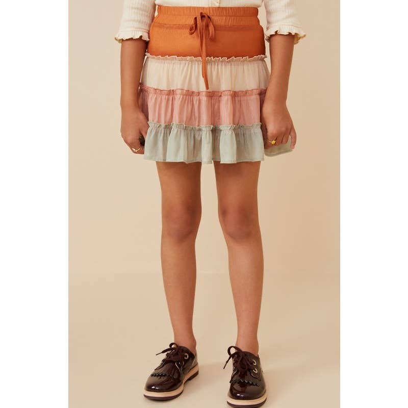 Girls Drawstring Color Blocked Textured Tier Skirt