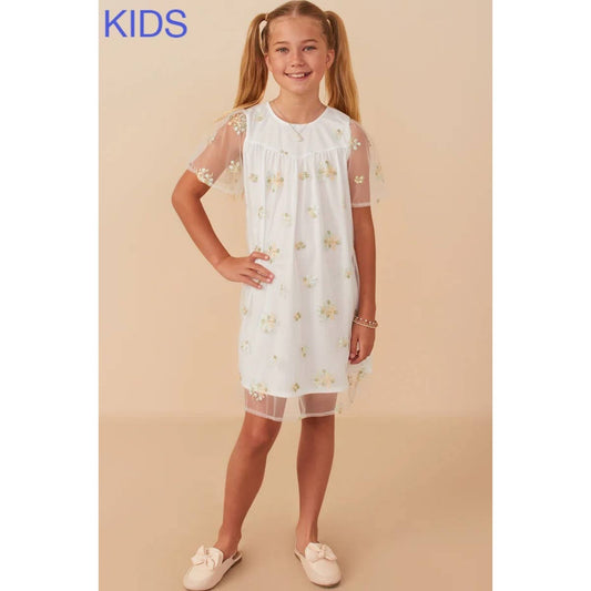 Girls Floral Embroidered Mesh Midi Dress