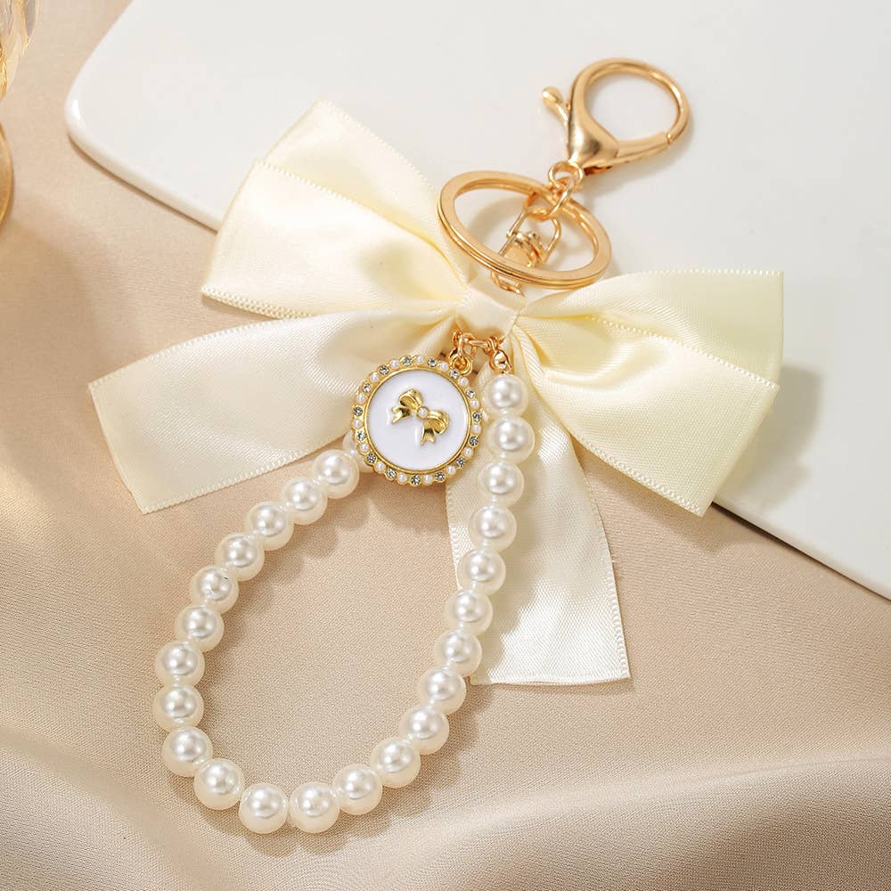 Elegant Satin Bow Pearl Keychain