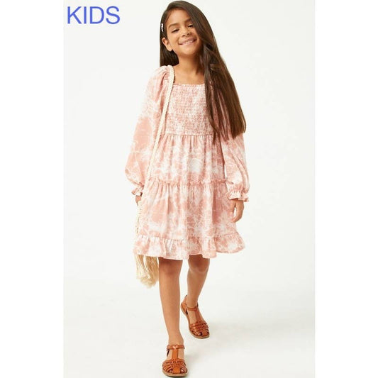 Girls Marble Tie Dye Long Sleeve Ruffled Dress