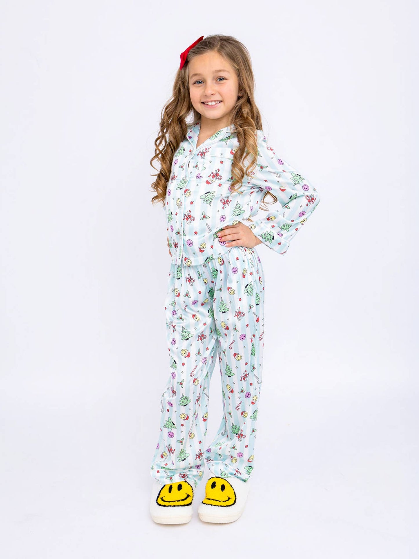 Girls Christmas Smiley Satin LS Pajama Set