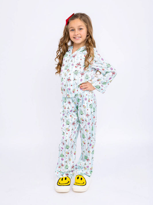 Girls Christmas Smiley Satin LS Pajama Set