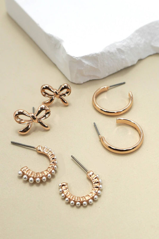 BOW PEARL STUDDED GOLD HOOP TRIO