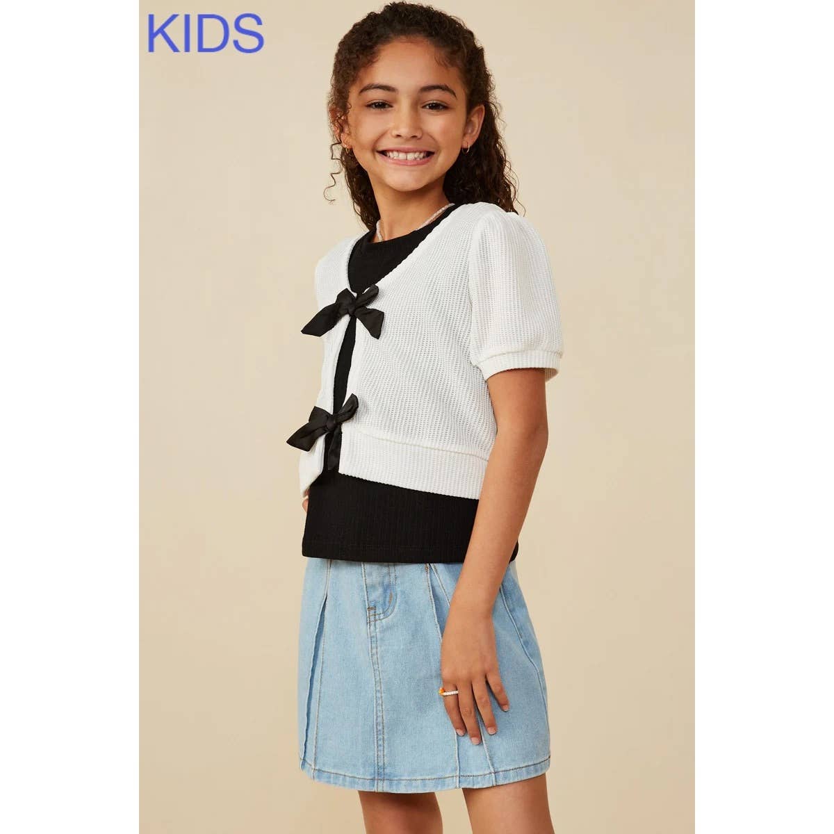 Girls Ribbed Knit Bow Detail Short Sleeve Open Top