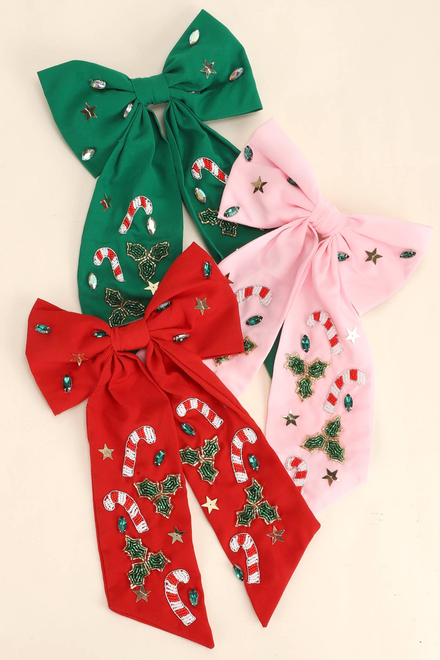 X-Mas Candy Cane Jeweled Bow Barrette Hair Clip