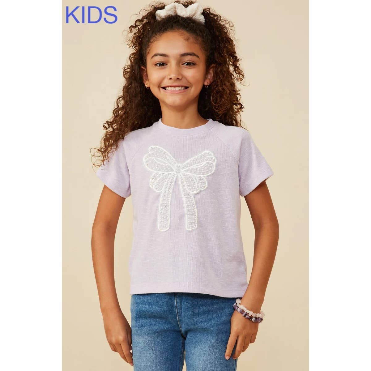 Girls Pearl Ribbon Patch Knit T Shirt