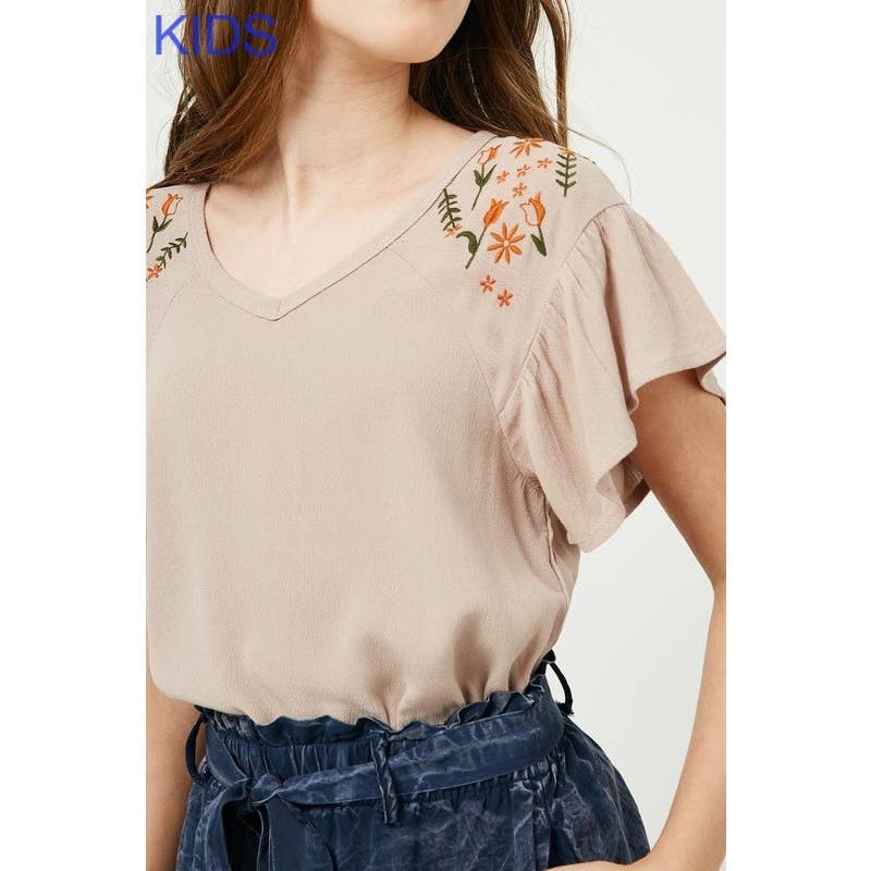 Girls Embroidered Flutter Sleeve Top