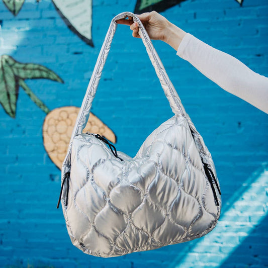 Metallic Silver Wave Quilted Puffer Tote Bag