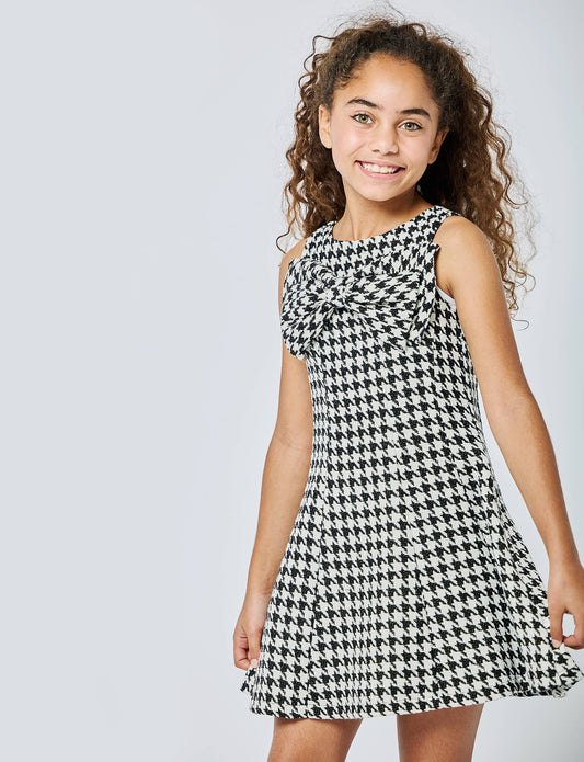 HOUNDSTOOTH FLARE DRESS WITH DOUBLE BOW