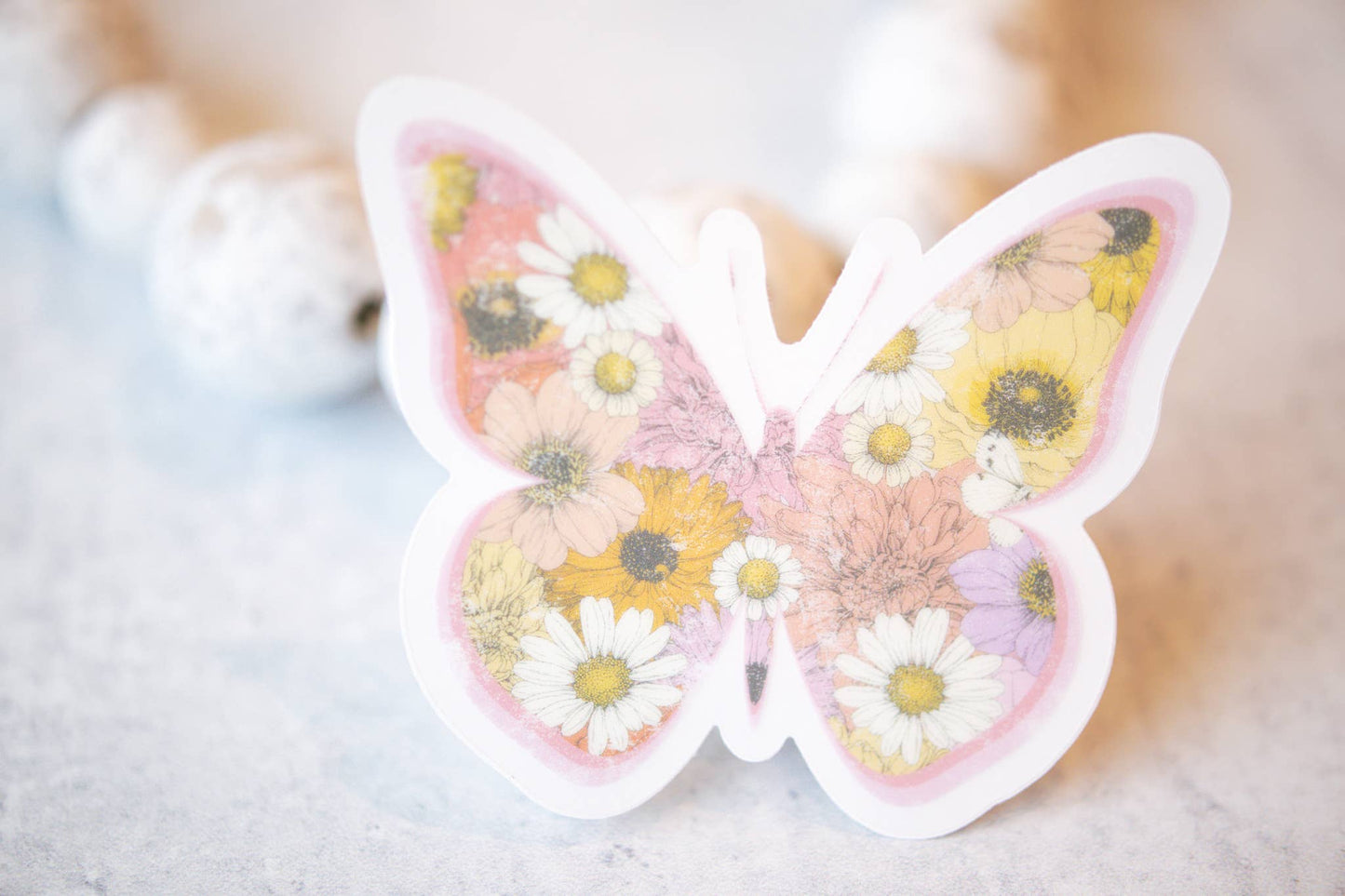 Pink Floral Butterfly Spring, Clear Vinyl , Sticker, 3 in.