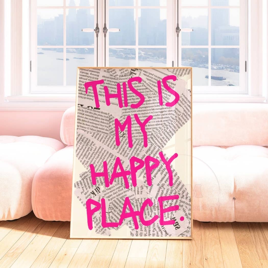 This Is My Happy Place Pink Retro Newspaper Wall Art Prints