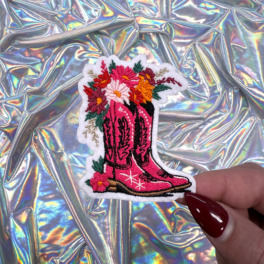 Cowgirl Boots with Flowers Iron On Patch