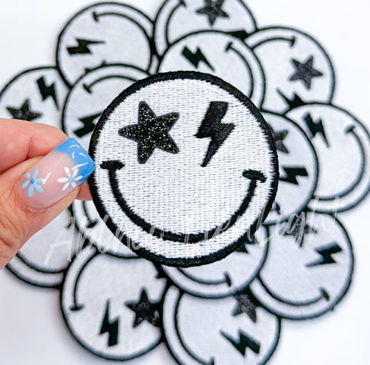 Black glitter star bolt smiley face patch iron on