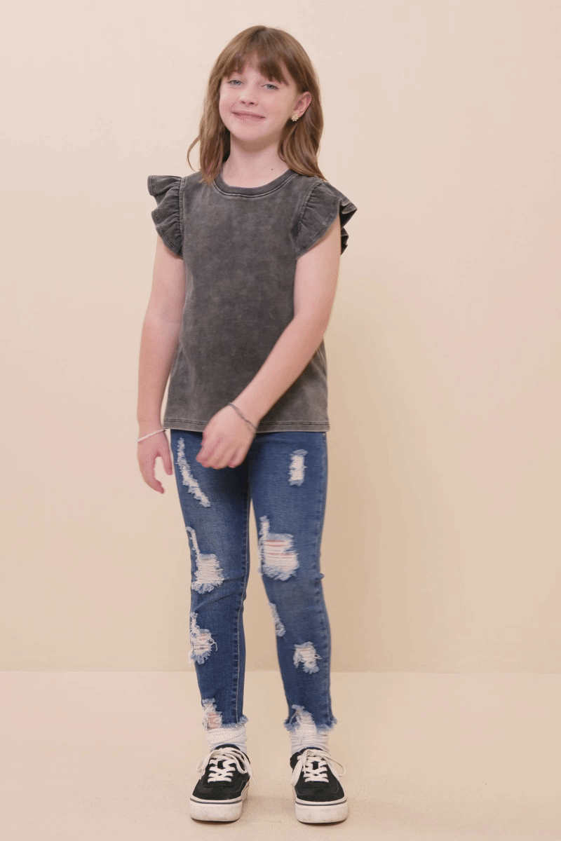 Girls Washed Ribbed Flutter Sleeve Knit Tank