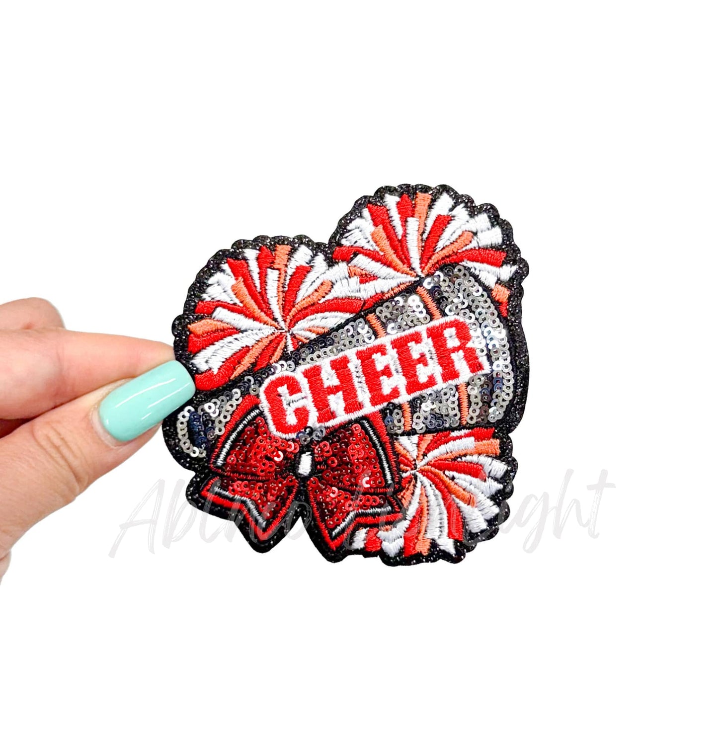 Red Cheer Bow Megaphone Poms Sequin Patch - Small   