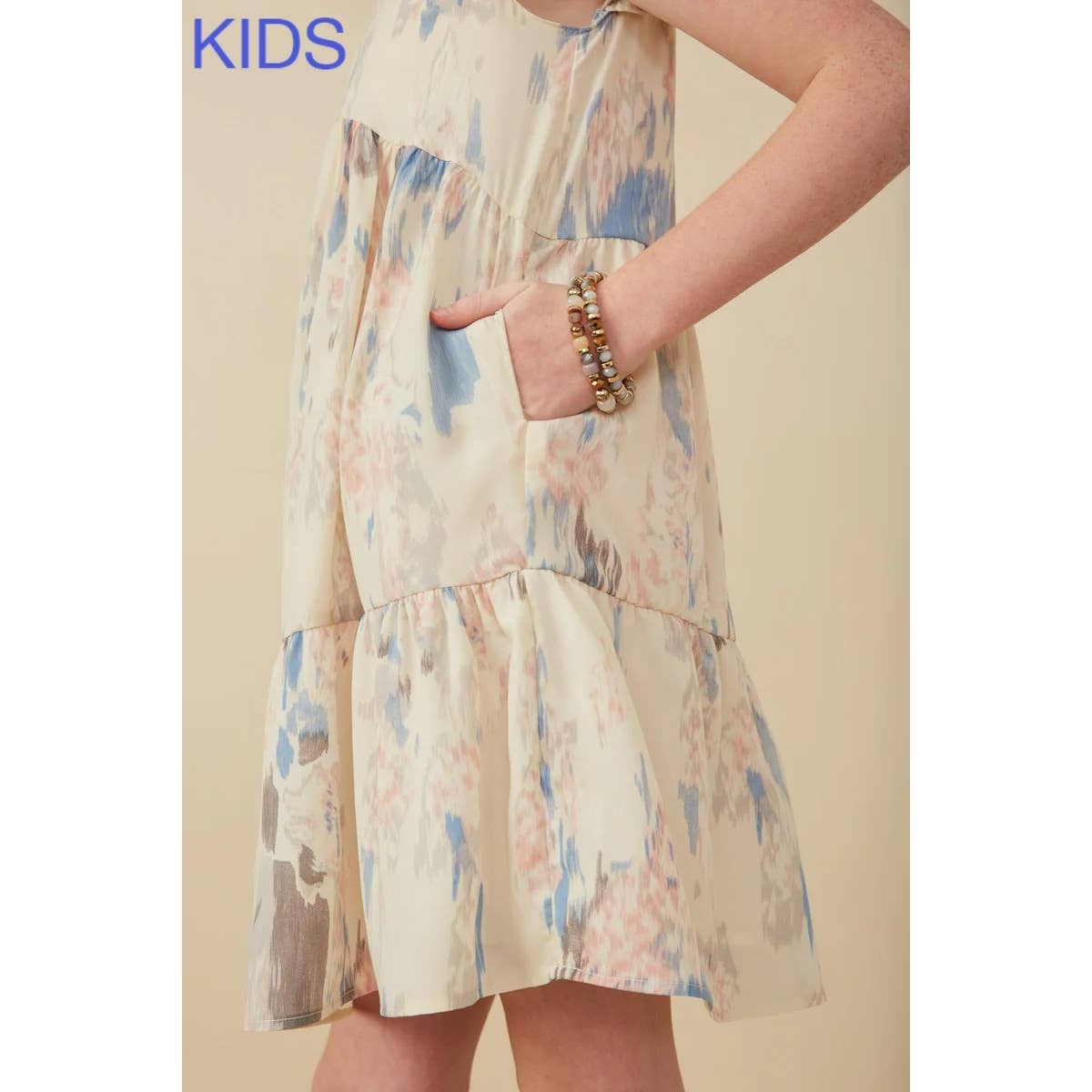 Girls Watercolor V Neck Tiered Ruffled Dress