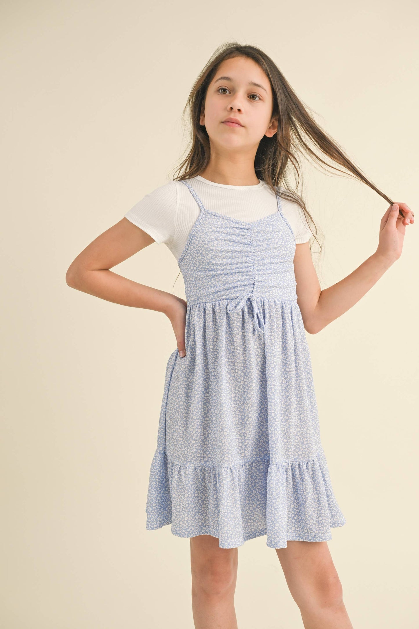 GIRLS FAUX 2FER CINCHED FLOUNCE DRESS