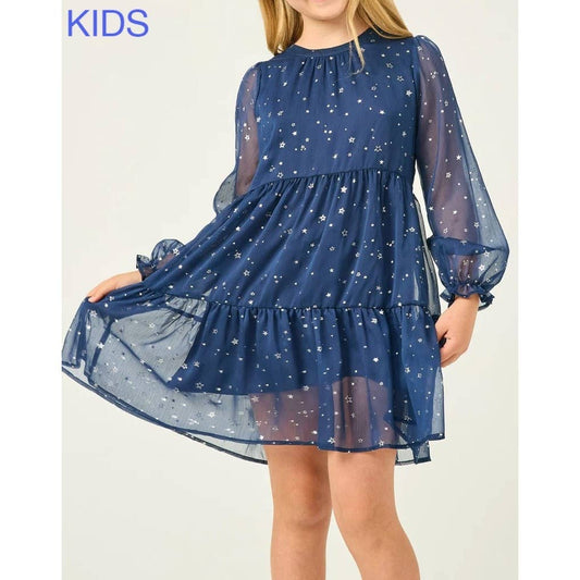 Girls Sheer Foil Star Print Dress