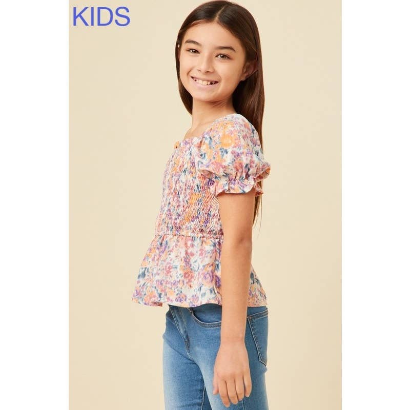 Girls Floral Puff Sleeve Smocked Top