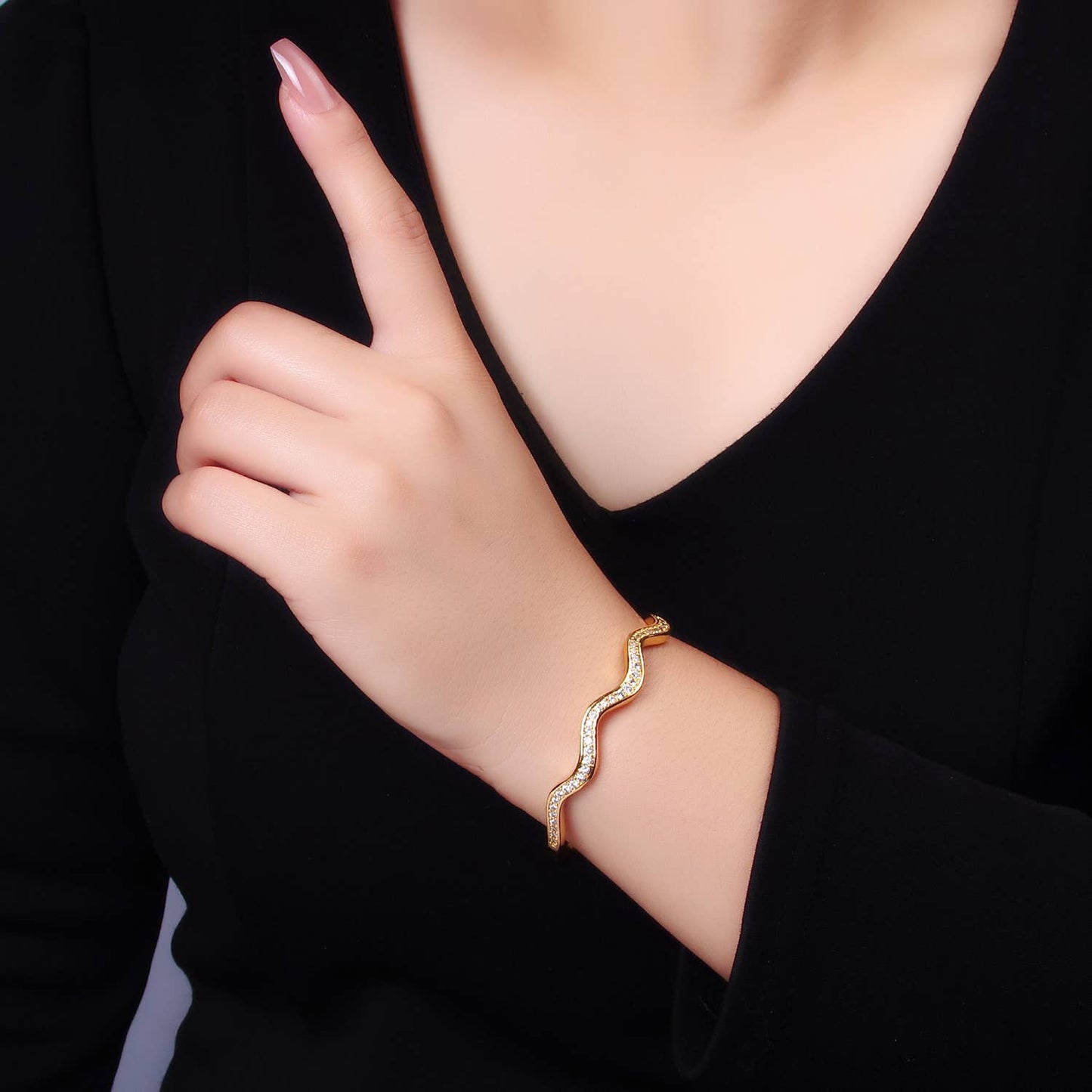 24K Gold Filled CZ Paved Wavy Cuff Bracelet