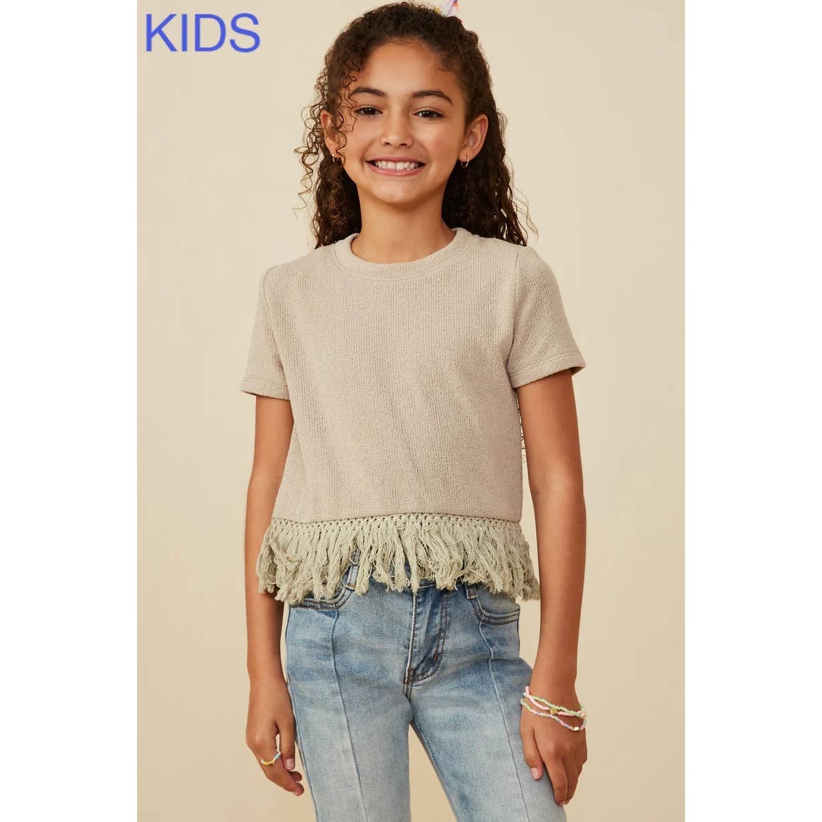 Girls Fringed Tassel Hem Textured Knit Top