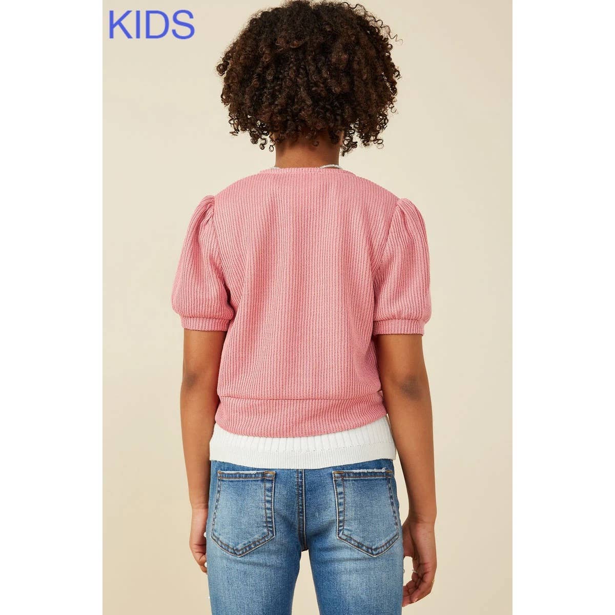 Girls Ribbed Knit Bow Detail Short Sleeve Open Top