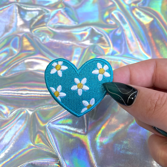 Blue Heart with Daisies Iron On Patch
