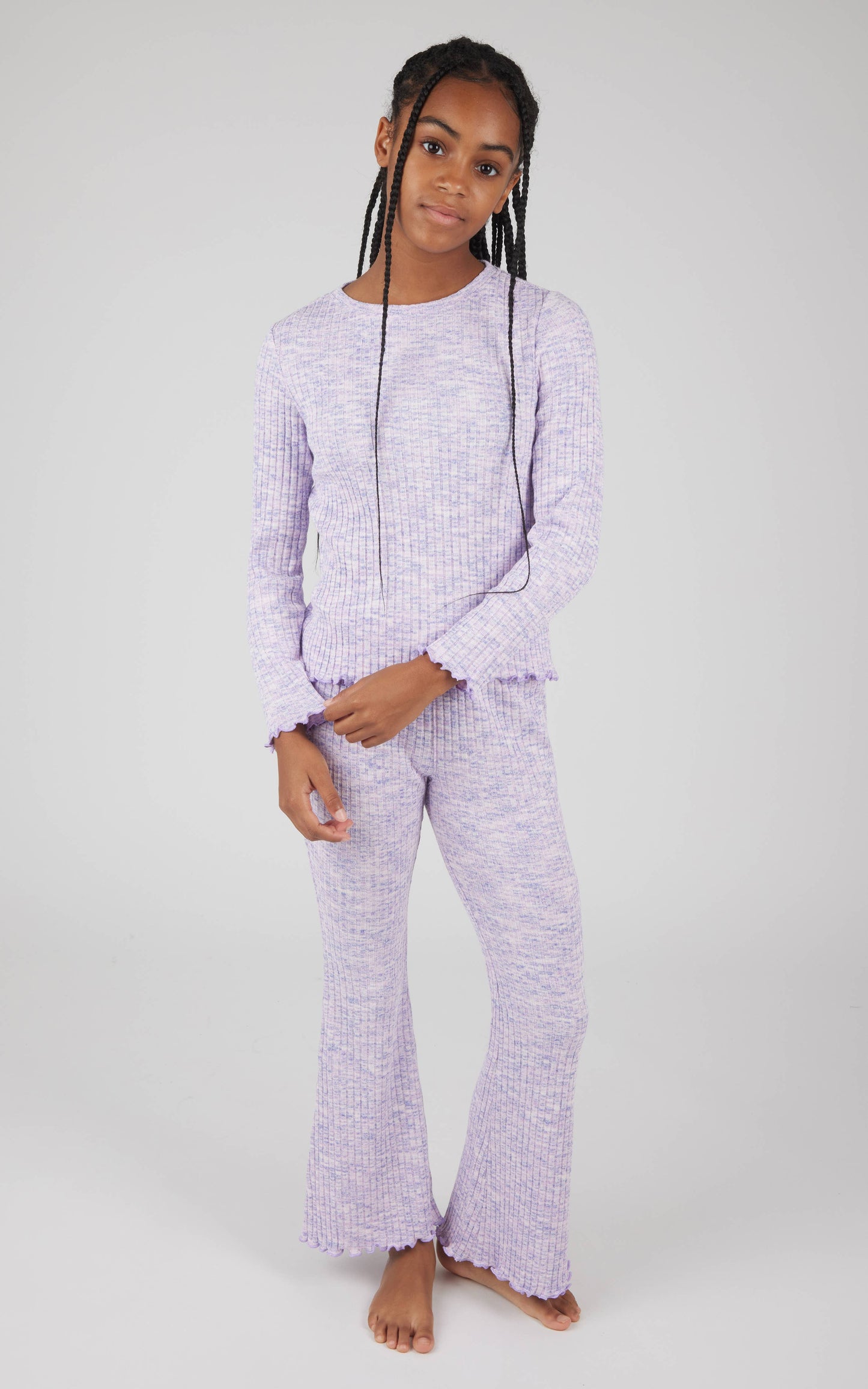 Girls Rib Knit Lettuce Edge Top and Flare Pant - Set